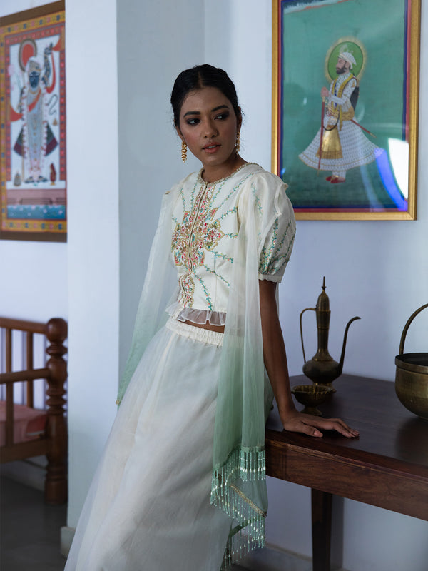 Ivory Embroidered Crop Top with Ombre Organza Cape