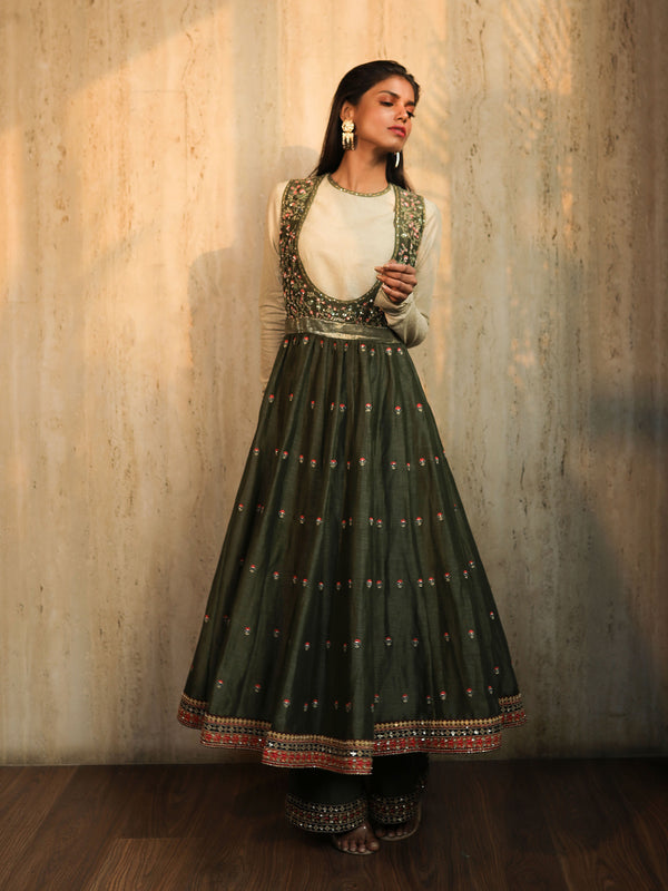 Olive Green Embroidered Angrakha Set