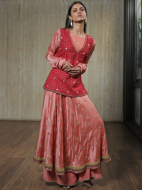 Blush Pink Flare Kurta with Maroon Boxy Top