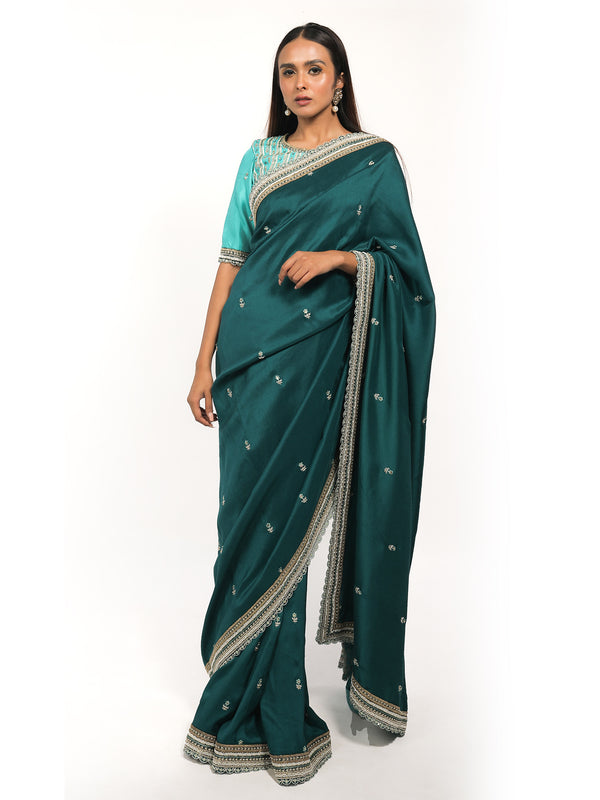 Peacock green Embroidered Silk Saree with Contrasting embroidered blouse