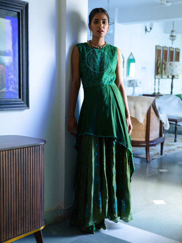 Green Asymmetric Embroidered Gown
