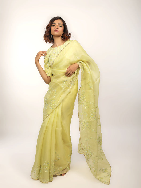 Lime Green embroidered Organza Saree with matching embroidered blouse