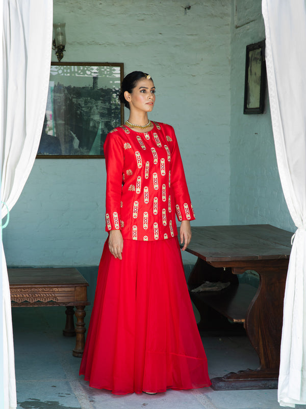 Cherry Red Organza Skirt with Embroidered Kurta
