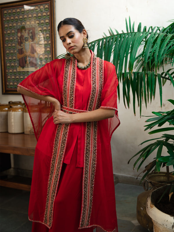 Red Kurta set with Embroidered Cape