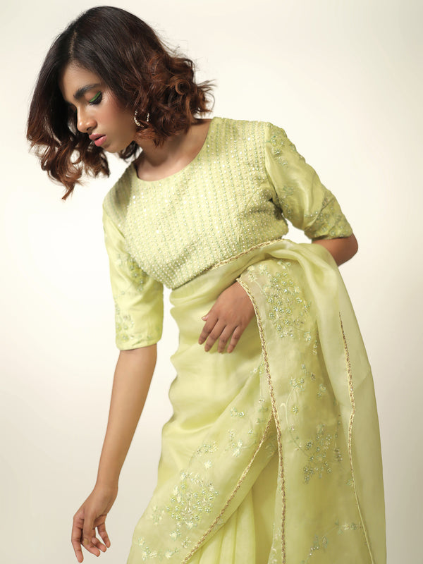 Lime Green embroidered Organza Saree with matching embroidered blouse