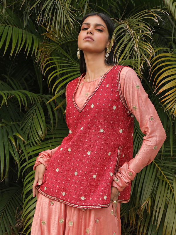 Blush Pink Flare Kurta with Maroon Boxy Top