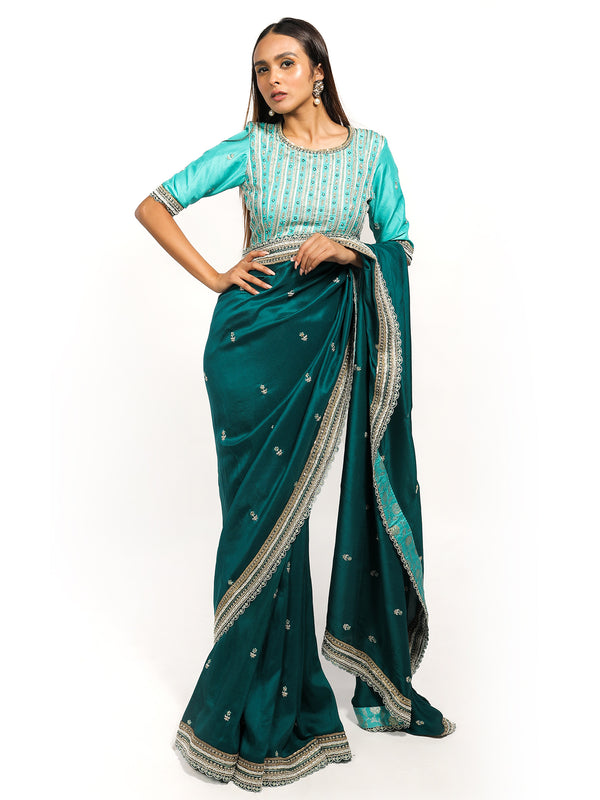 Peacock green Embroidered Silk Saree with Contrasting embroidered blouse