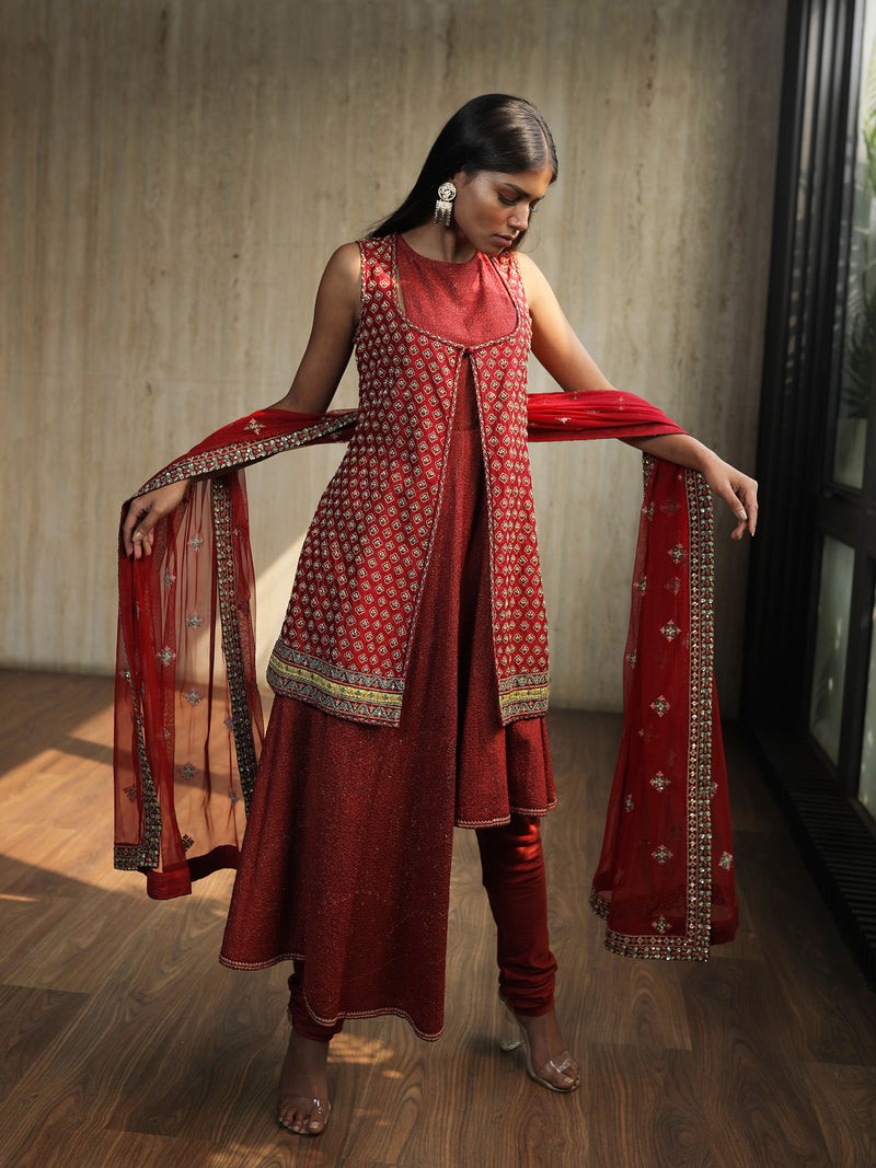 Maroon Asymmetric Angrakha with Embroidered Dupatta