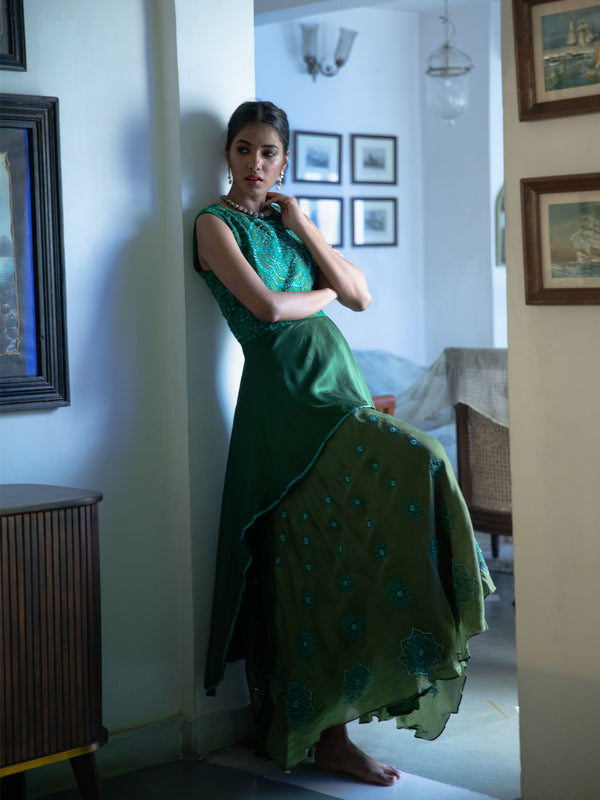 Green Asymmetric Embroidered Gown