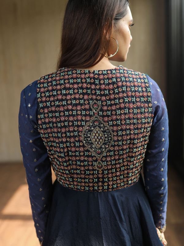 Navy Blue Embroidered Peplum Jacket with crop top