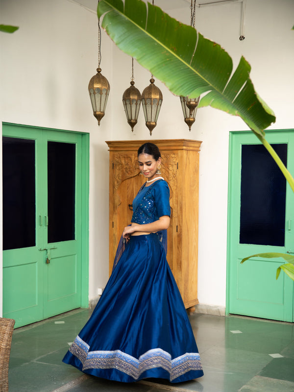Blue Silk Embroidered Lehenga with matching blouse and Organza Dupatta