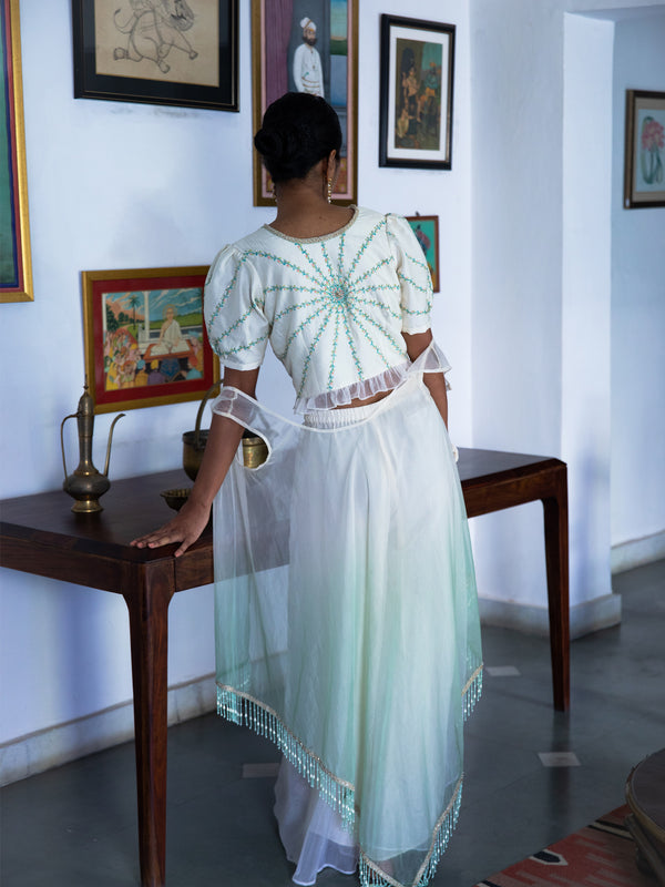 Ivory Embroidered Crop Top with Ombre Organza Cape