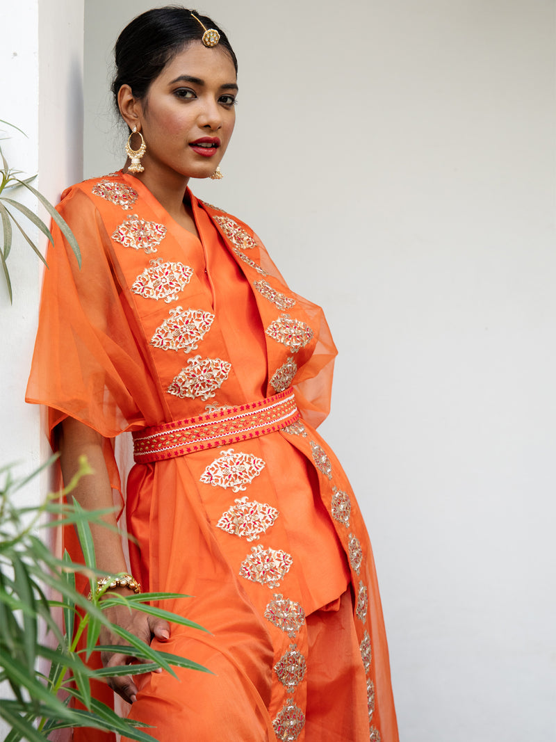 Orange Kurta set with Embroidered Cape