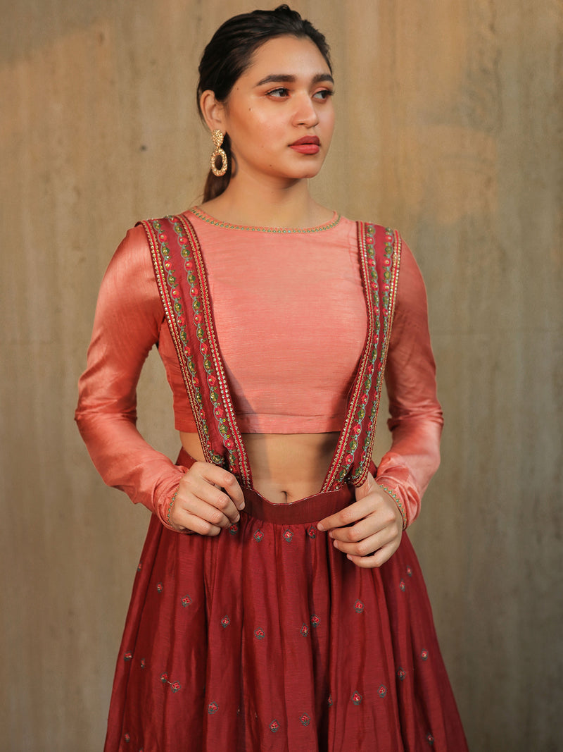 Maroon Suspender Skirt Set with Pink Crop Top