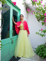 Lemon Lehenga Set with Fuschia Embroidered Cape