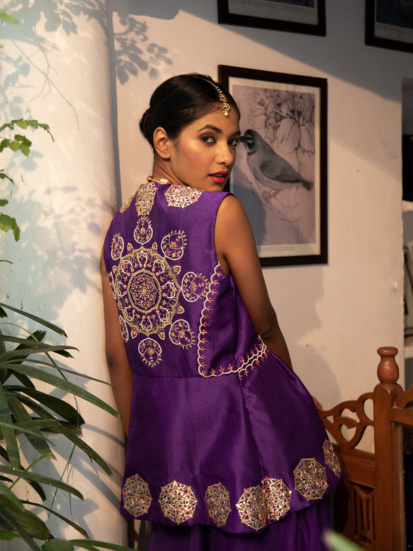 Purple Embroidered Silk Jacket with Pallazos